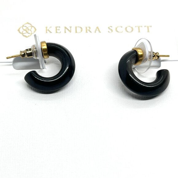 KENDRA SCOTT MIKKI HUGGIE EARRINGS OBSIDIAN BLACK GOLD NWT WITH JEWELRY BAG - Picture 5 of 9